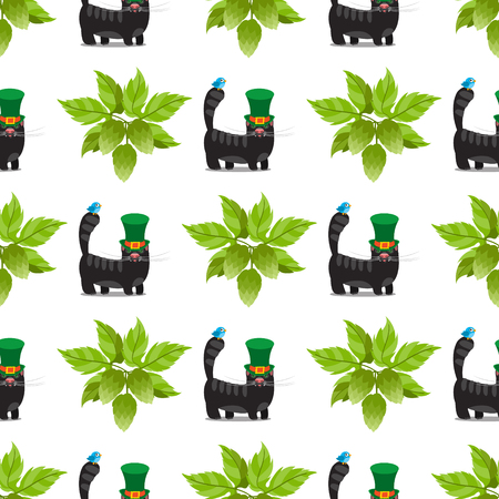 Seamless pattern with a sprig of hops and black cat with green hat.のイラスト素材