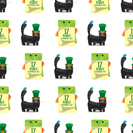 Seamless pattern with a calendar on 17 March and black cat with green hat.のイラスト素材