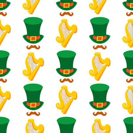 Seamless pattern with golden harp and a green hat.のイラスト素材