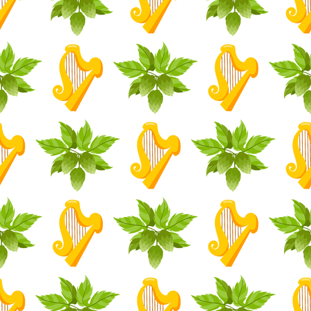 Seamless pattern with a sprig of hops and golden harp.のイラスト素材