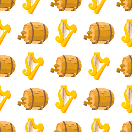 Seamless pattern with golden harp and a wooden beer barrel.のイラスト素材