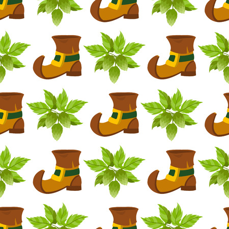 Seamless pattern with a sprig of hops and shoes leprechaun.のイラスト素材