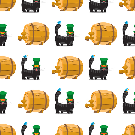 Seamless pattern with a wooden beer barrel and black cat with green hat.のイラスト素材