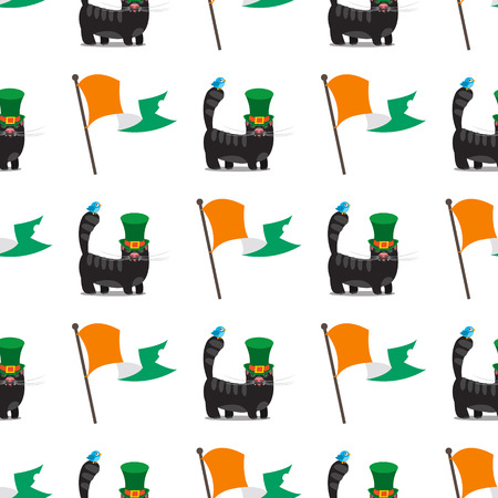 Seamless pattern with an Irish flag and black cat with green hat.のイラスト素材