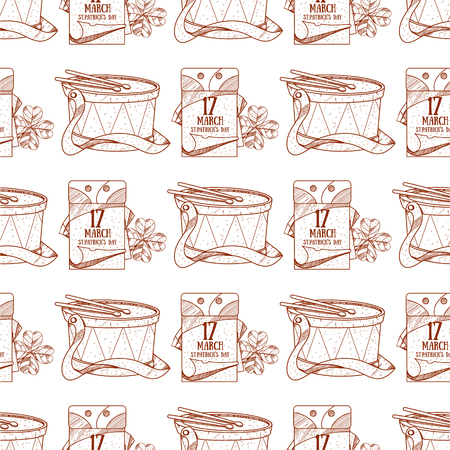 Seamless pattern with a drum and a tear-off calendar, on March 17 day.のイラスト素材