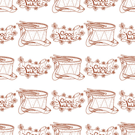 Seamless pattern with drum and banner of good luck.のイラスト素材