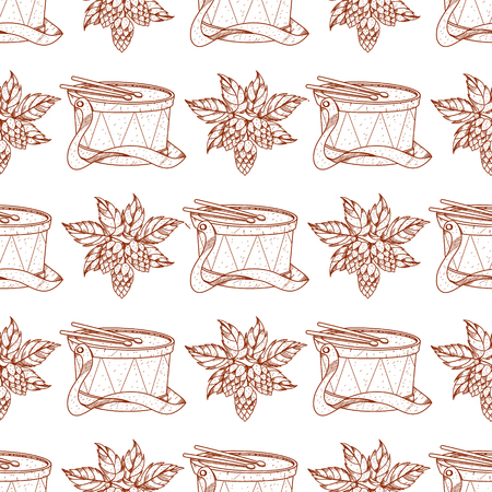 Seamless pattern with a drum and a sprig of hops.のイラスト素材