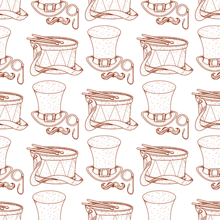 Seamless pattern with drum and high hat, monocle and mustache.のイラスト素材