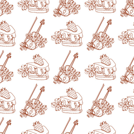 Seamless pattern with a violin and a slice of cake with strawberries.のイラスト素材