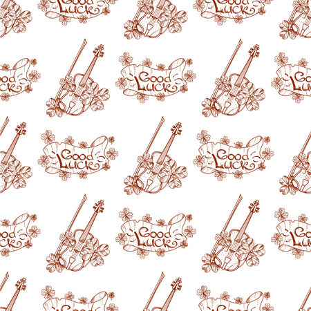 Seamless pattern with violin and banner good luck.のイラスト素材