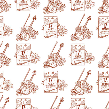 Seamless pattern with a violin and a tear-off calendar, on March 17 day.のイラスト素材