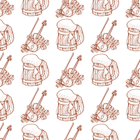 Seamless pattern with a violin and a mug of foamy beer.のイラスト素材