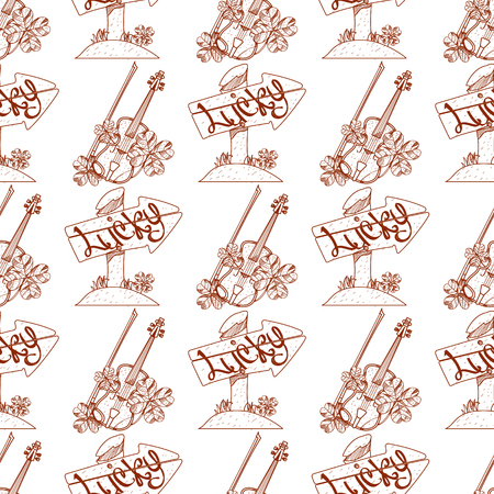 Seamless pattern with violins and wooden arrow pointer.のイラスト素材
