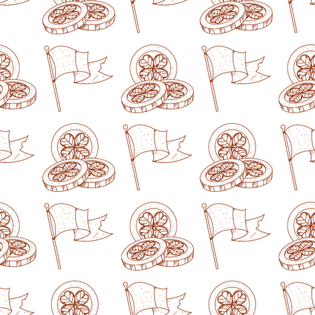 Seamless pattern with a flag and three golden coins with clover.のイラスト素材