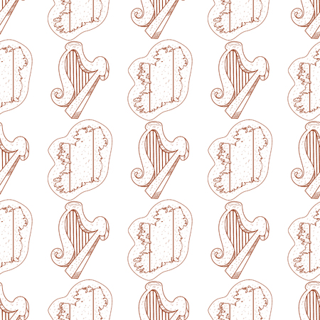 Seamless pattern with a harp and a contour map of Ireland.のイラスト素材