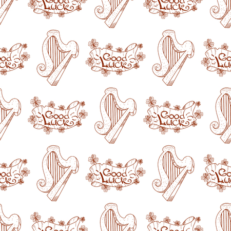 Seamless pattern with a harp and a banner of good luck.のイラスト素材