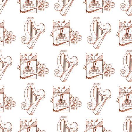 Seamless pattern with a harp and a tear-off calendar, on March 17 day.のイラスト素材