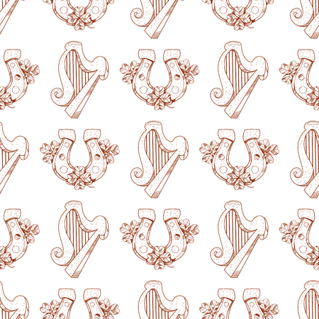Seamless pattern with harp and horseshoe on white background.のイラスト素材