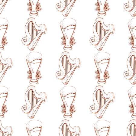 Seamless pattern with a harp and a glass of foamy beer.のイラスト素材
