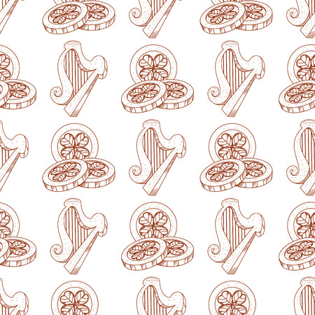 Seamless pattern with a harp and three gold coins with clover.のイラスト素材