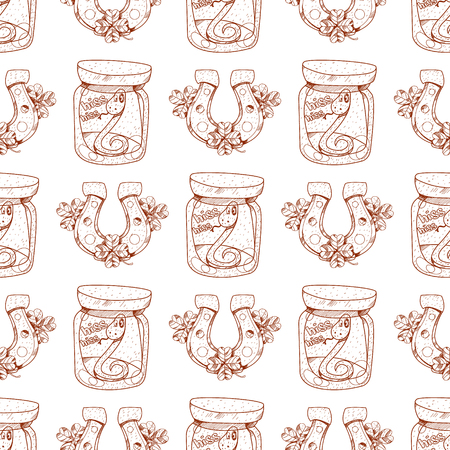 Seamless pattern with a snake in a glass jar and a horseshoe.のイラスト素材