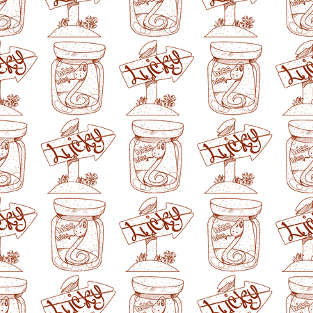 Seamless pattern with a snake in a glass jar and a wooden arrow pointer.のイラスト素材
