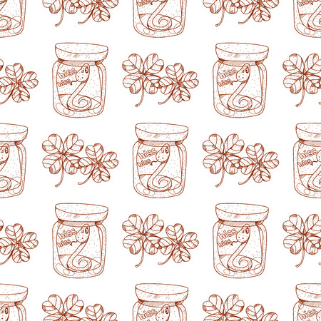 Seamless pattern with a snake in a glass jar and clover.のイラスト素材