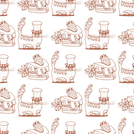 Seamless pattern with cat in a top hat and a piece of cake with strawberries.のイラスト素材
