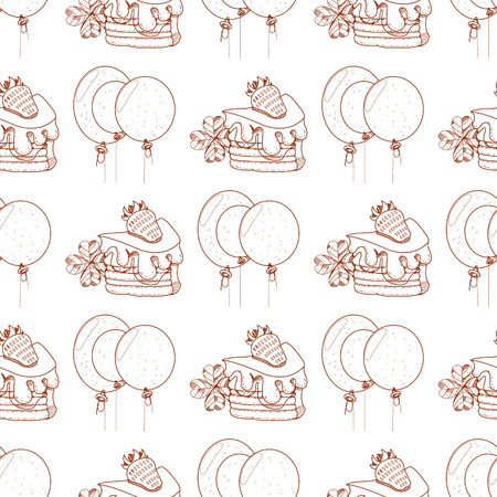 Seamless pattern with balloons and a slice of cake with strawberries.のイラスト素材