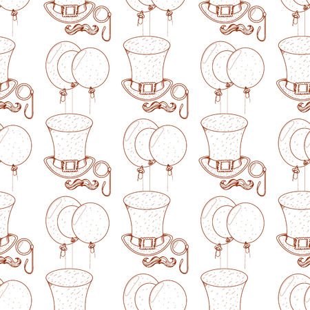 Seamless pattern with balloons and a tall hat, a mustache, a monocle.のイラスト素材