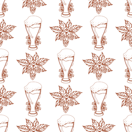 Seamless pattern with a glass of foamy beer and hops.のイラスト素材
