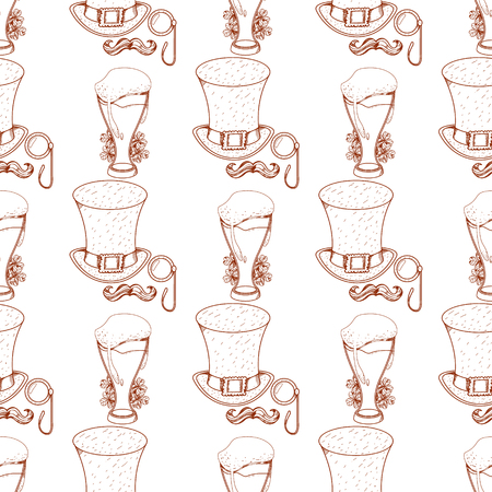 Seamless pattern with a glass of foamy beer and a tall hat, a mustache, a monocle.のイラスト素材