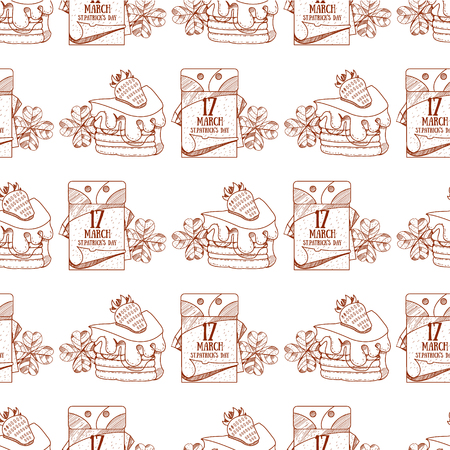Seamless pattern with a slice of cake with cream and strawberries.のイラスト素材