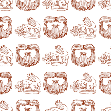 Seamless pattern with a slice of cake with cream and strawberries.のイラスト素材