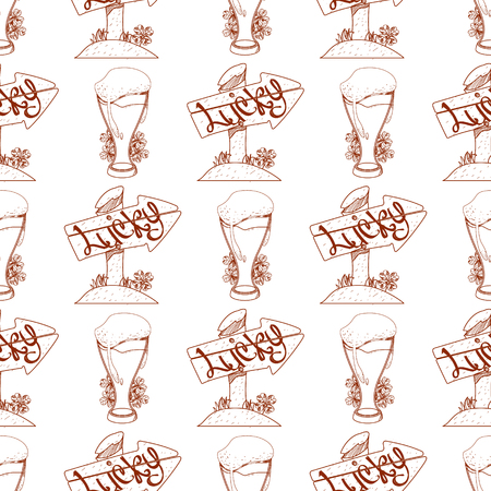 Seamless pattern with a glass of foamy beer and wooden arrow pointer.のイラスト素材