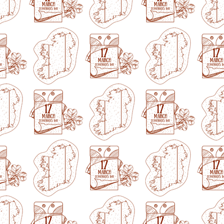 Seamless pattern with outline map of Ireland and a tear off calendar, on March 17 day.のイラスト素材