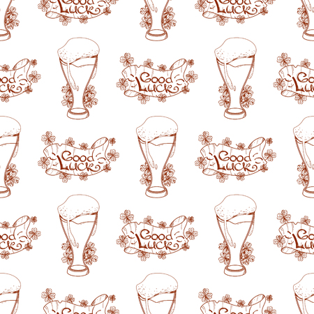 Seamless pattern with a glass of foamy beer and of good luck banner.のイラスト素材