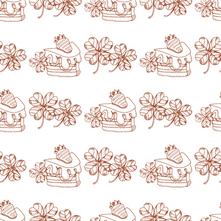 Seamless pattern with a slice of cake with cream and strawberries.のイラスト素材