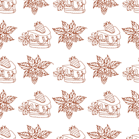 Seamless pattern with a slice of cake with cream and strawberries.のイラスト素材