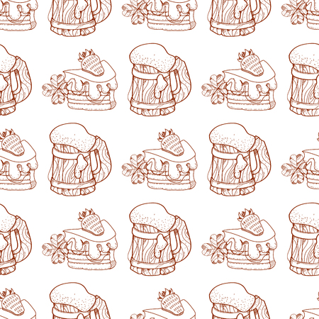 Seamless pattern with a slice of cake with cream and strawberries.のイラスト素材