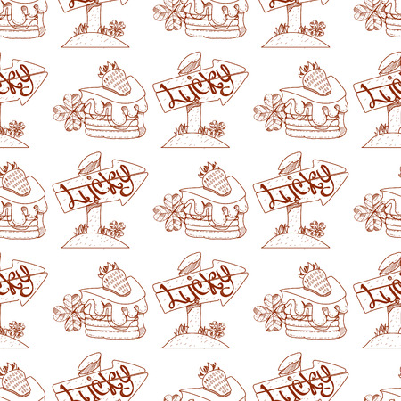 Seamless pattern with a slice of cake with cream and strawberries.のイラスト素材