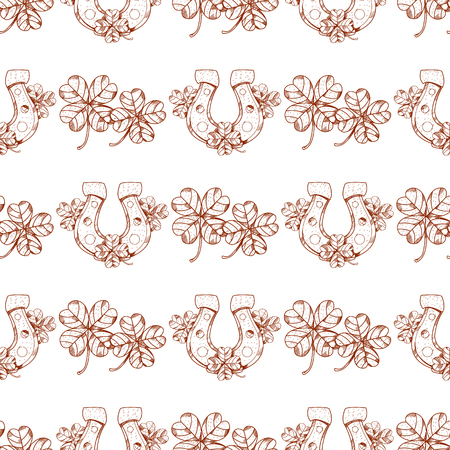 Seamless pattern with clover and horseshoe on white background.のイラスト素材