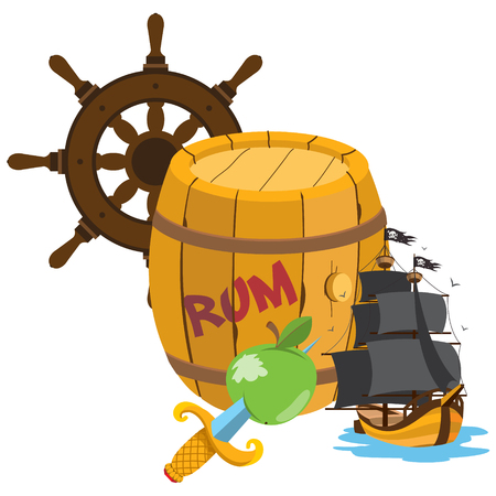 Barrel of rum, pirate ship, the helm. Graphics Pirate themeのイラスト素材