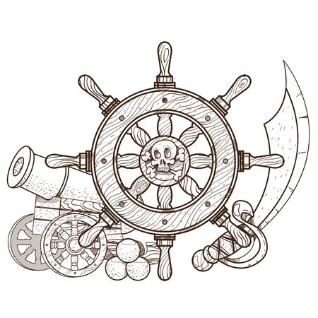 Cannon, a steering wheel, a sword. Graphics Pirate themeのイラスト素材