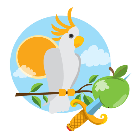 White parrot with apple and a dagger. Graphics Pirate themeのイラスト素材