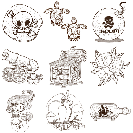 Set pirate things. Pirate black mark, sea turtle, dice, bomb, cannon, mermaid, parrot, treasure chest.のイラスト素材