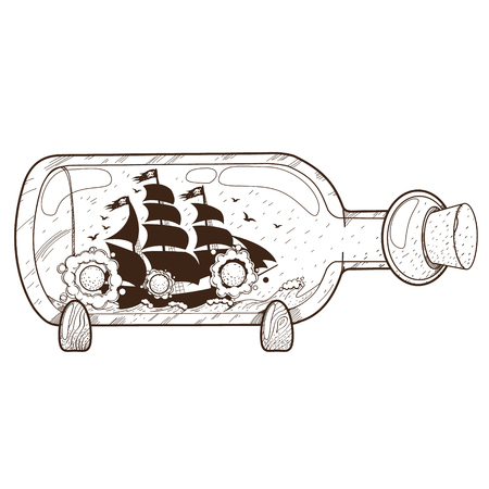 Boat with a glass bottle. Illustration on the pirate theme.のイラスト素材