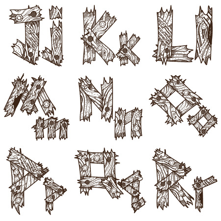 English alphabet from pieces of wood. The original font design of the pieces of plywood. English letters for coloring.のイラスト素材