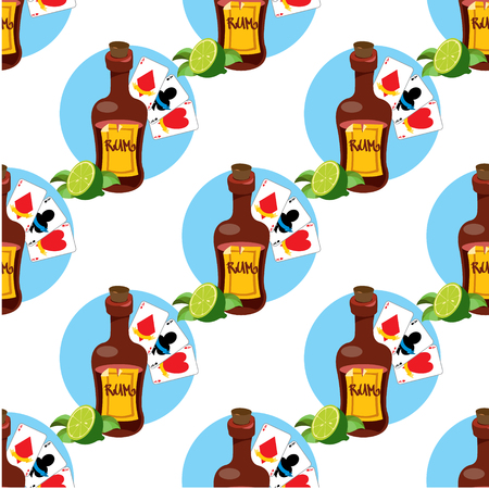 Seamless pattern for design surface on pirate theme. Bottle of rum and playing cardsのイラスト素材