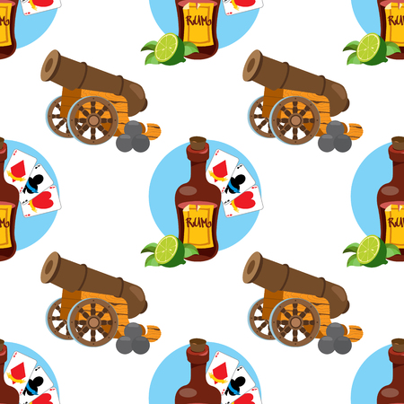 Seamless pattern for design surface on pirate theme. Bottle of rum and playing cards.のイラスト素材